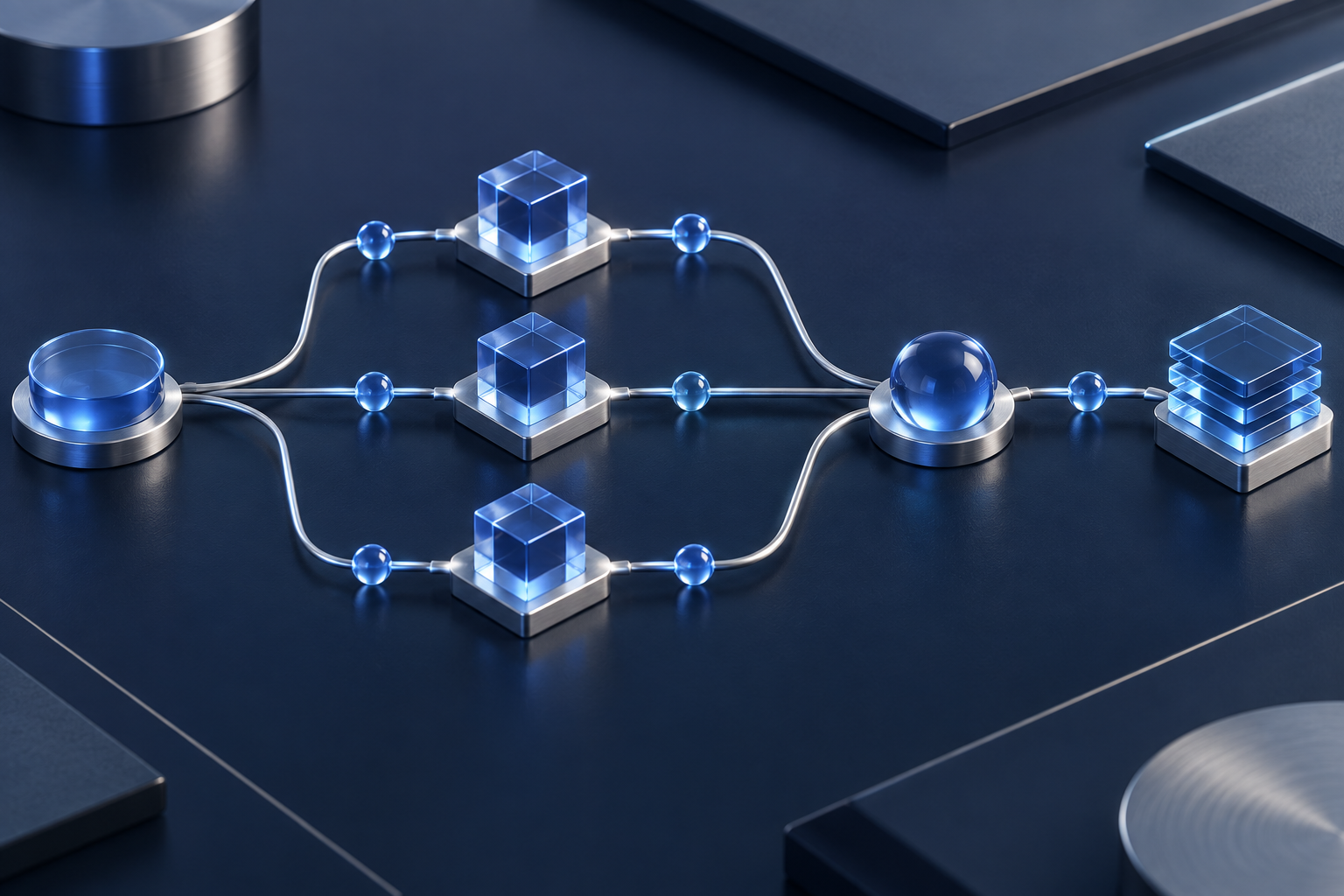 Conceptual illustration of interconnected blue glass nodes representing AI learning pathways